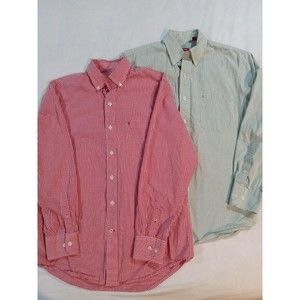 2-IZOD Men's Collared Red Plaid & Green/White Stripe Long Sleeve Shirts Sz Small